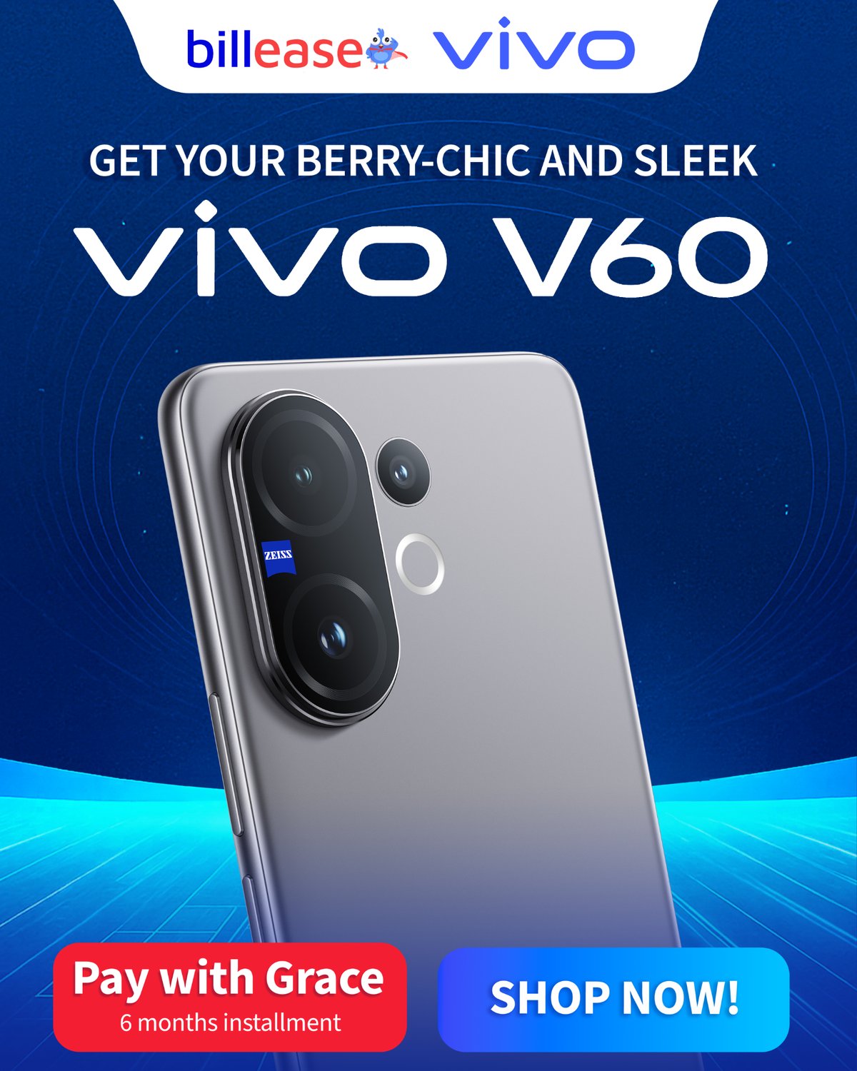 The Stylish vivo V60 with 50MP ZEISS Camera, Powered by Billease for Seamless Shopping!